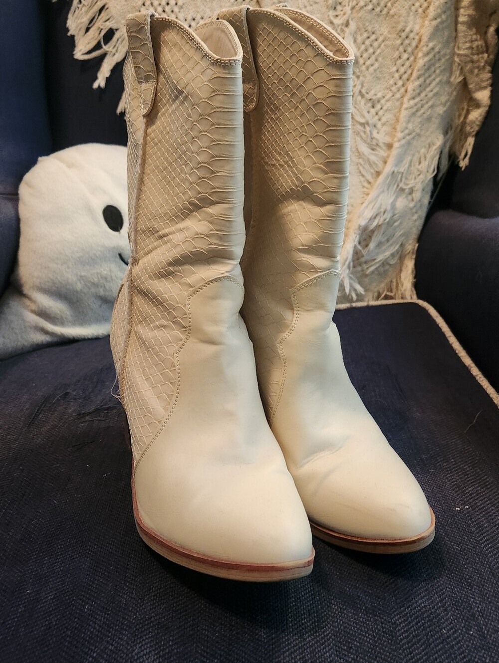MIA Cream Textured Mid-Calf Heeled Boots